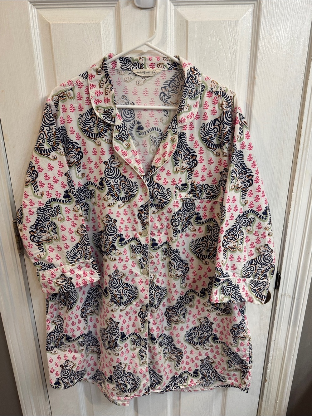 Printfresh Women's-Style Printed Button-Up Shirt - Pink & Navy Tiger Pattern